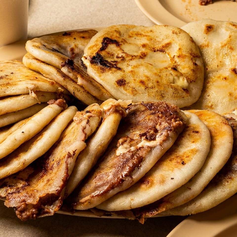 Large platter of golden-brown pupusas, some filled with meat and cheese, on a light-colored table.