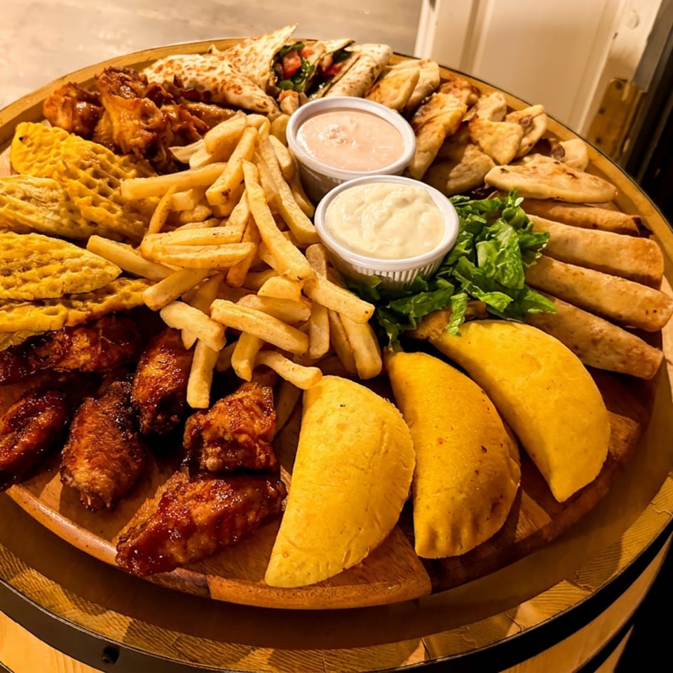 Assorted fried appetizers including wings, fries, empanadas, and quesadillas with sauces on a wooden platter.