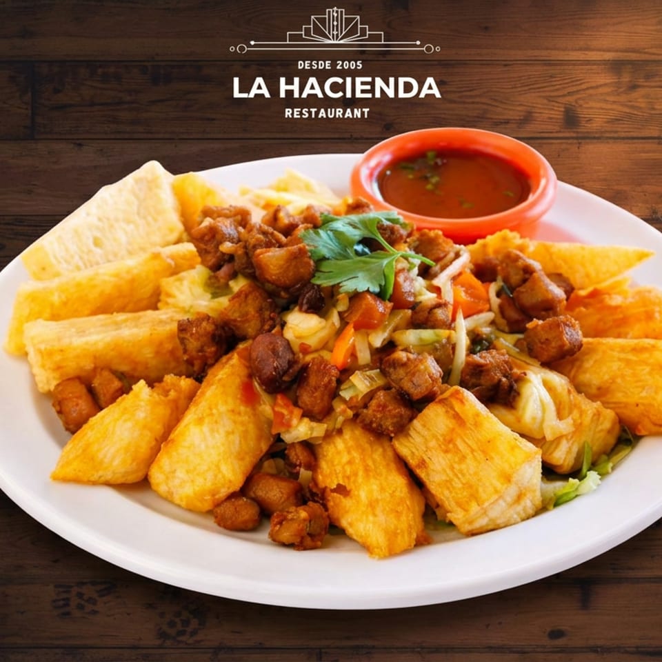 La Hacienda's fried yuca and crispy pork chunks with vegetables and red sauce.