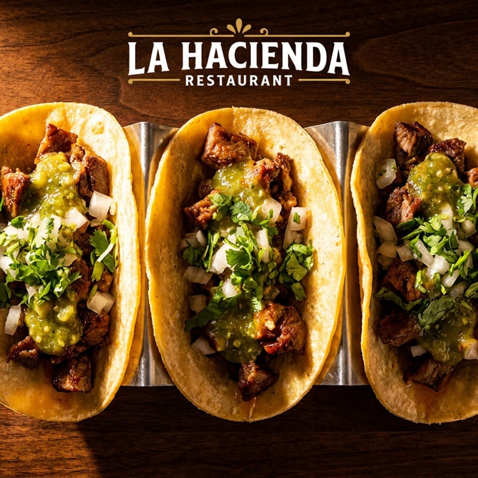 Three carne asada tacos from La Hacienda Restaurant, topped with salsa, onions, and cilantro.