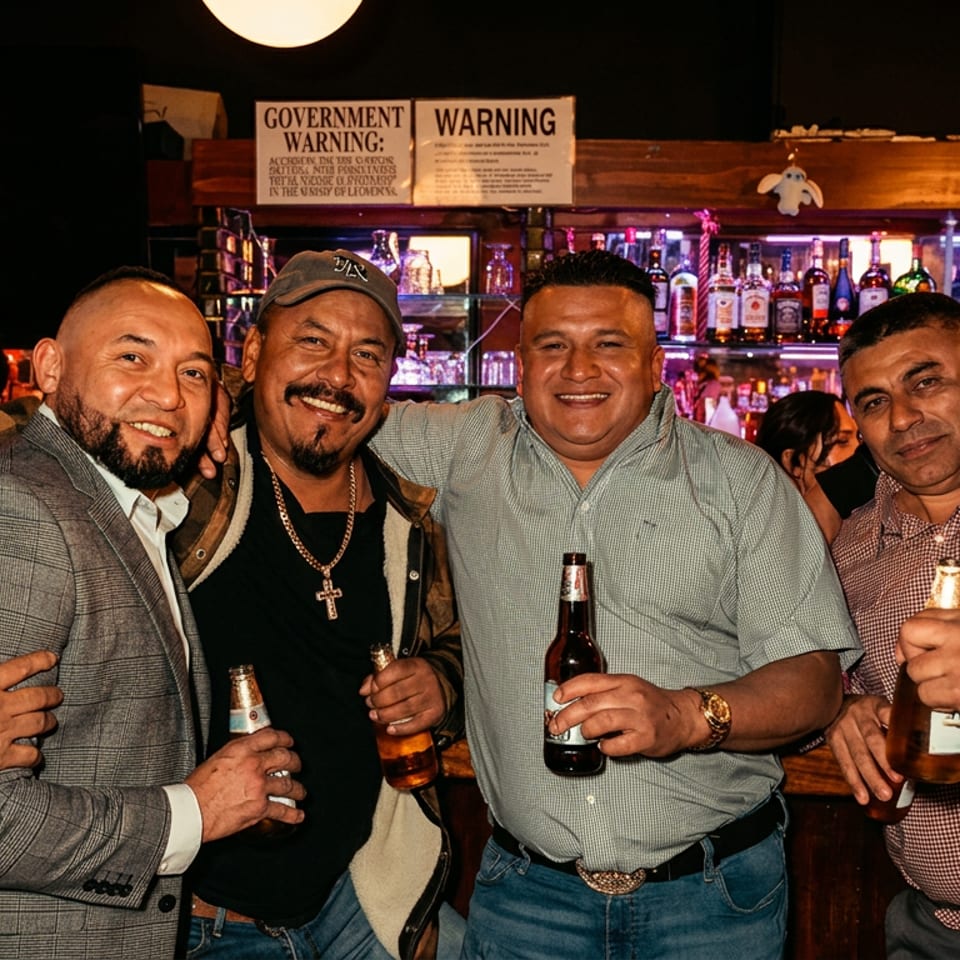 Six men smiling and holding beer bottles, embracing each other in a bar.