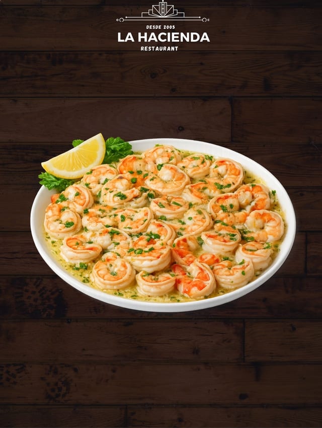 Camarones en Salsa Scampi.